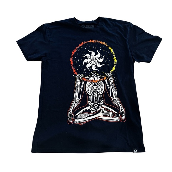 Into the AM black graphic short sleeved T shirt, skeleton sun, orange yellow, M. - Picture 1 of 8